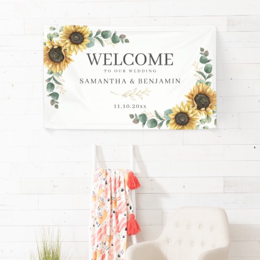 Floral Sunflower Eucalyptus Script Weduwschap Welk Spandoek (Insitu)