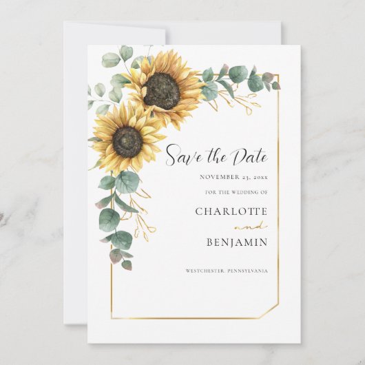 Floral Sunflower Eucalyptus Weddenschap Save The Date (Voorkant)