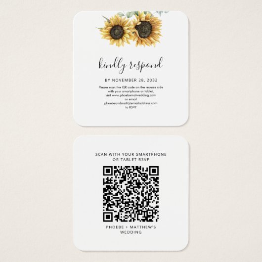 Floral Sunflower QR Code Weddenschap Website RSVP Vierkante Visitekaartjes (Voorkant /achterkant)