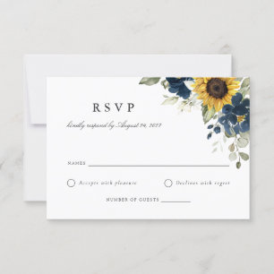 Floral Sunflowers Marine Blue Wedding Carte RSVP