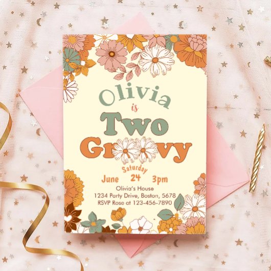 Floral Super Deux Retro 2e Invitation d'anniversai