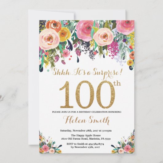 Floral Surprise 100e anniversaire Invitation Gold (Devant)
