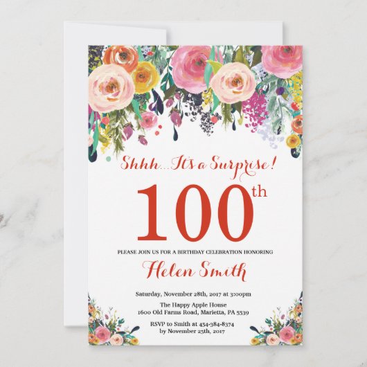 Floral Surprise 100e Anniversaire Invitation Rouge (Devant)