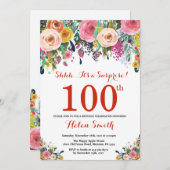 Floral Surprise 100e Anniversaire Invitation Rouge (Devant / Derrière)