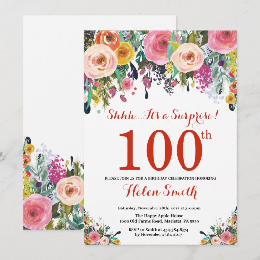 Floral Surprise 100e Anniversaire Invitation Rouge (Devant / Derrière)