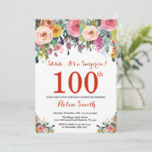 Floral Surprise 100ste verjaardag uitnodiging rood (Staand voorkant)