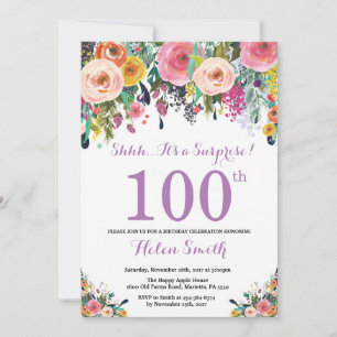 Floral Surprise 100th Birthday Invitation Paars Kaart