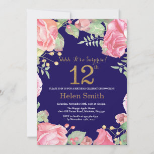 Floral Surprise 12e Verjaardag Goud Glitter Blauw Kaart