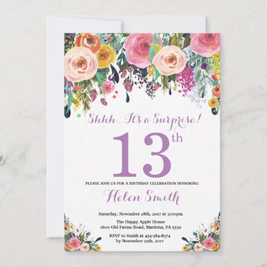 Floral Surprise 13e anniversaire Invitation violet (Devant)