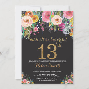 Floral Surprise 13th Birthday Invitation Gold Kaart