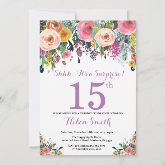 Floral Surprise 15e anniversaire Invitation violet (Devant)