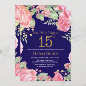 Floral Surprise 15th Birthday Gold Glitter Blue Kaart (Voorkant / Achterkant)