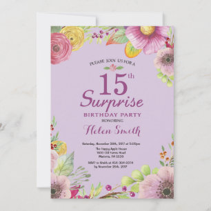 Floral Surprise 15th Birthday Invitation Paars Kaart