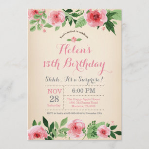 Floral Surprise 15th Birthday Invitation roze Kaart