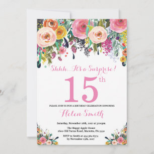 Floral Surprise 15th Birthday Invitation roze Kaart