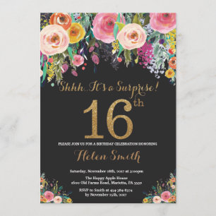 Floral Surprise 16th Birthday Invitation Gold Kaart