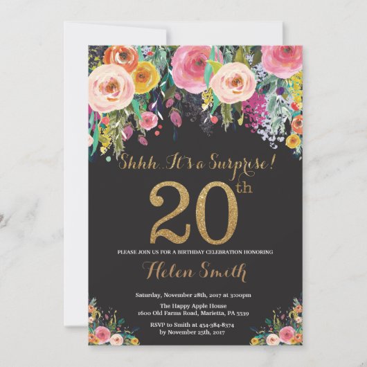 Floral Surprise 20e anniversaire Invitation Gold (Devant)