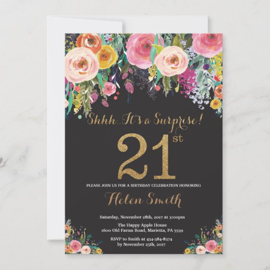Floral Surprise 21e verjaardag uitnodiging goud (Voorkant)