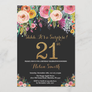 Floral Surprise 21e verjaardag uitnodiging goud