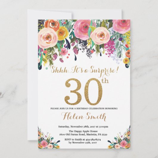 Floral Surprise 30e anniversaire Invitation Or (Devant)