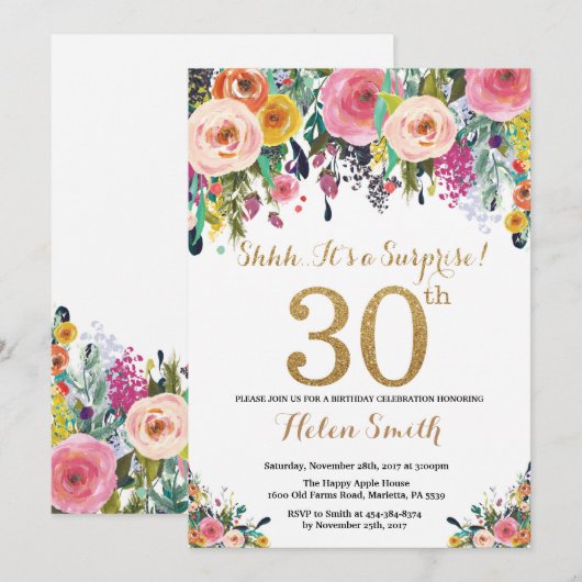 Floral Surprise 30e anniversaire Invitation Or (Devant / Derrière)