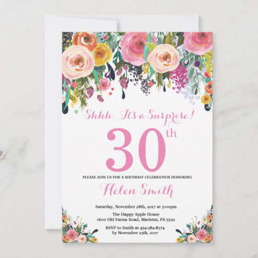 Floral Surprise 30e anniversaire Invitation rose (Devant)
