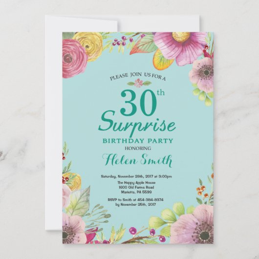 Floral Surprise 30e anniversaire Invitation Turquo (Devant)