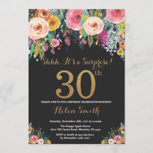 Floral Surprise 30th Birthday Invitation Gold Kaart
