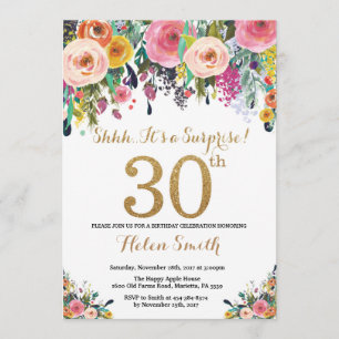 Floral Surprise 30th Birthday Invitation Gold Kaart