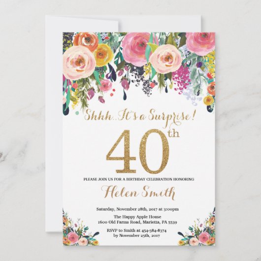 Floral Surprise 40e anniversaire Invitation Or (Devant)
