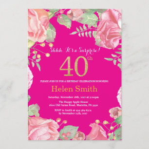 Floral Surprise 40th Birthday Gold en Hot Pink Kaart