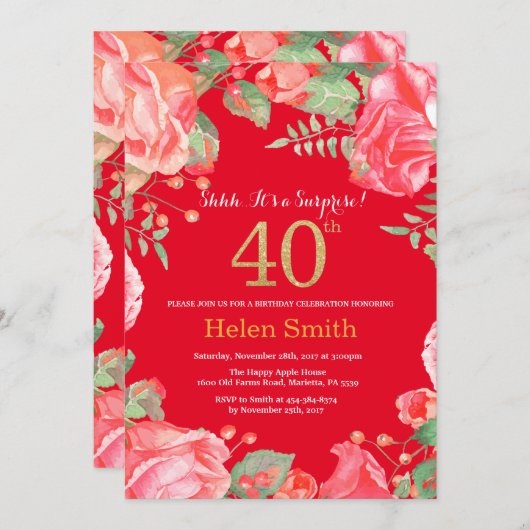 Floral Surprise 40th Birthday Gold Glitter en Red Kaart (Voorkant / Achterkant)