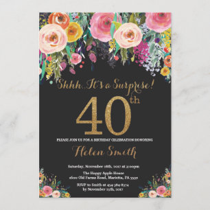 Floral Surprise 40th Birthday Invitation Gold Kaart