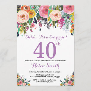 Floral Surprise 40th Birthday Invitation Paars Kaart