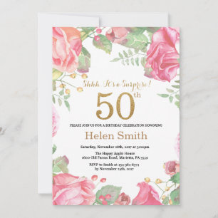 Floral Surprise 50th Birthday Gold Glitter Kaart
