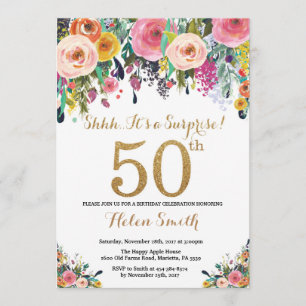 Floral Surprise 50th Birthday Invitation Gold Kaart