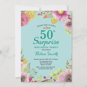 Floral Surprise 50th Birthday Invitation Teal Kaart