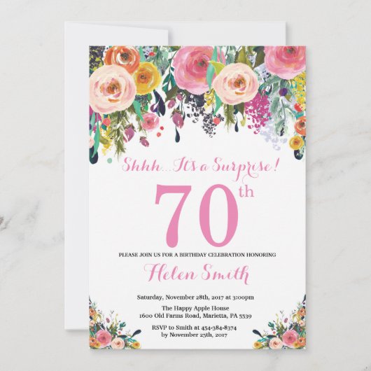 Floral Surprise 70e anniversaire Invitation rose (Devant)