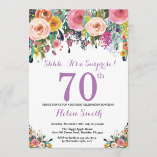 Floral Surprise 70th Birthday Invitation Paars Kaart