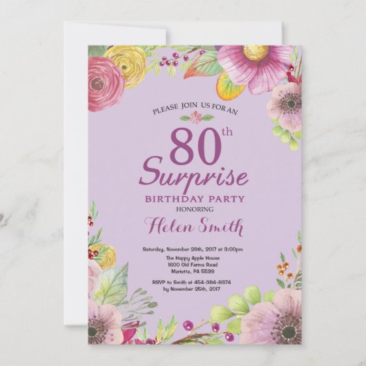 Floral Surprise 80e Anniversaire Invitation Violet (Devant)
