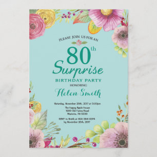 Floral Surprise 80ste verjaardagsuitnodiging Blauw Kaart