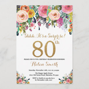 Floral Surprise 80th Birthday Invitation Gold Kaart