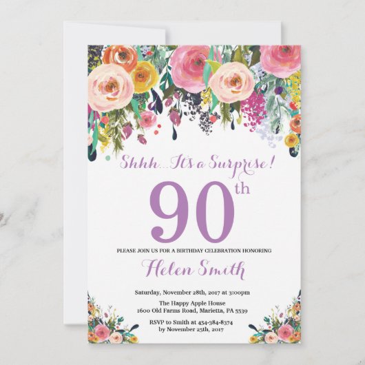 Floral Surprise 90e Anniversaire Invitation Violet (Devant)
