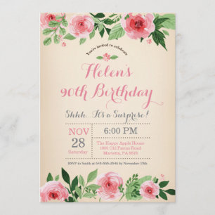 Floral Surprise 90th Birthday Invitation Pink Kaart