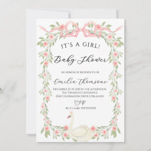 Floral Swan Blush Pink Ribbon Baby shower Kaart