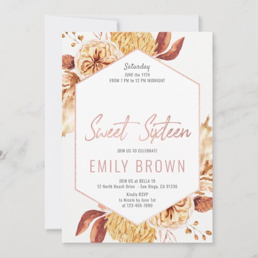 Floral Sweet 16 invitations d'anniversaire (Devant)