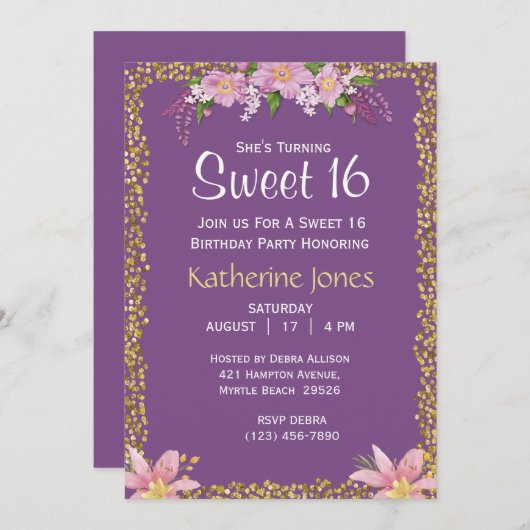Floral Sweet 16 Invitations de fête d'anniversaire (Devant / Derrière)