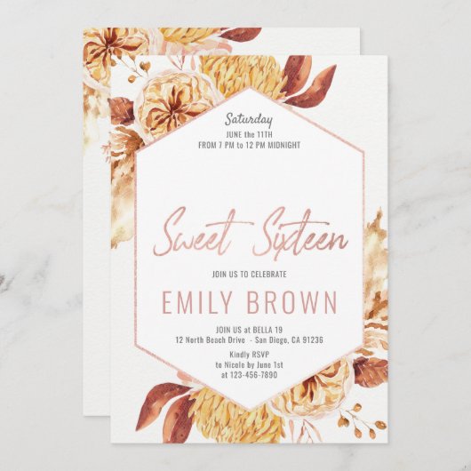Floral Sweet 16 Verjaardag uitnodigingen (Voorkant / Achterkant)