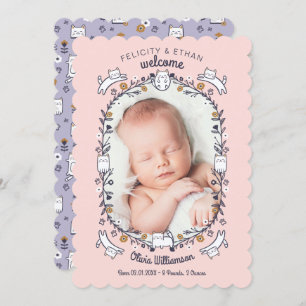 Floral Sweet Little kitty Cat Birth Announement Kaart