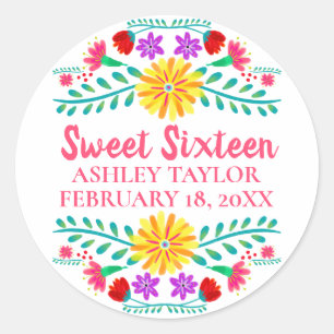Floral Sweet Sixteen White Pink Mexican Fiesta Ronde Sticker